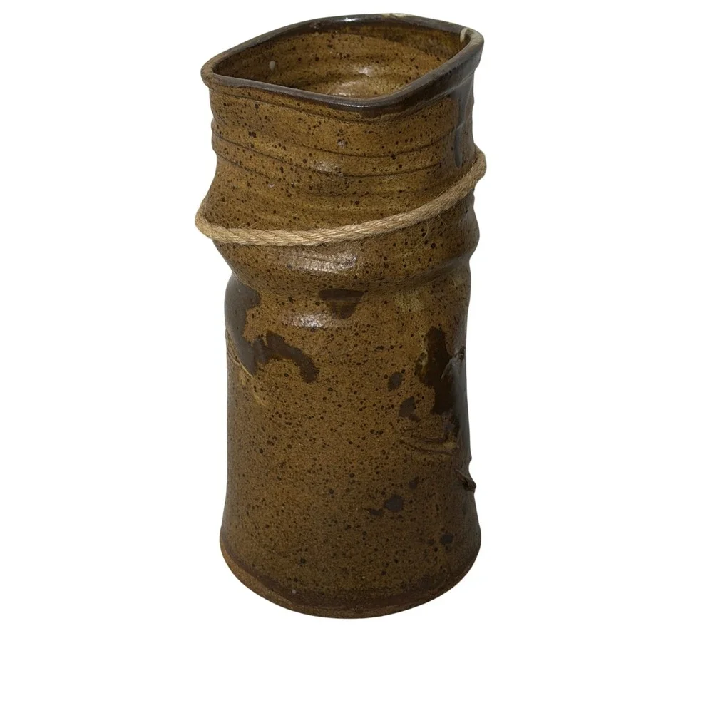 Vintage Studio Pottery Vase  Brown Rustic Stoneware Jute Bead Accent